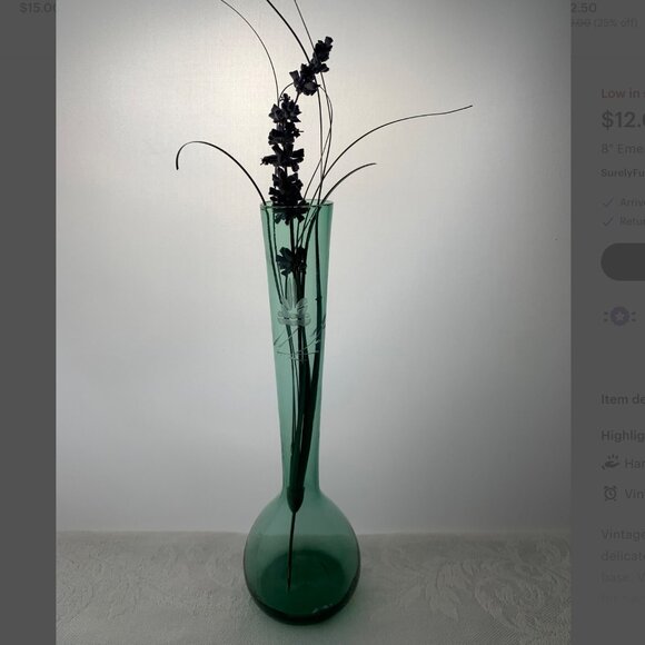 MCM Vintage Green ART Glass Bud Vase Bulb Fluted with Floral Etching 8" - Picture 4 of 10